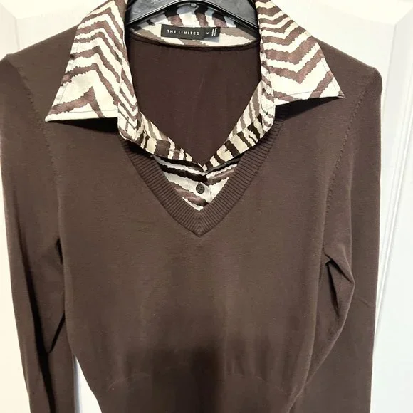 The Limited-Brown V-neck Sweater with built in zebra striped blouse-casual-Md - Picture 1 of 9
